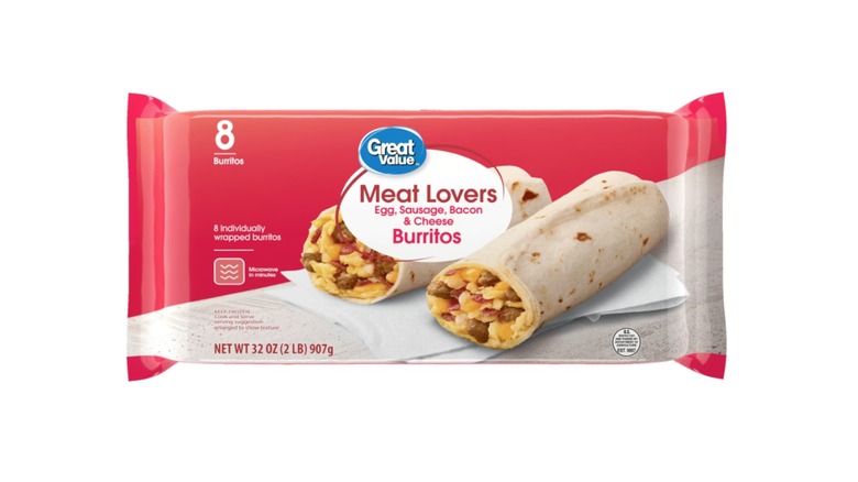 Package of Great Value Meat Lovers frozen breakfast burritos on white background