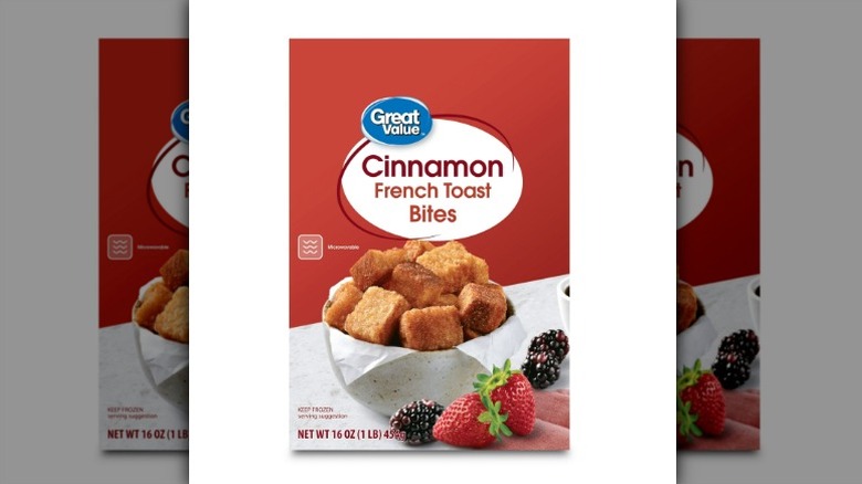Box of Great Value Cinnamon French Toast Bites on white background