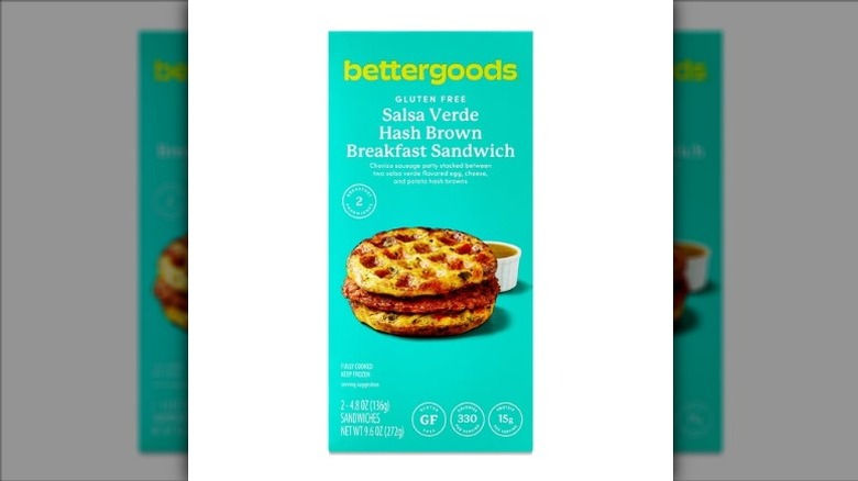 Package of Bettergoods Gluten-Free Salsa Verde Hash Brown Breakfast Sandwiches on white background
