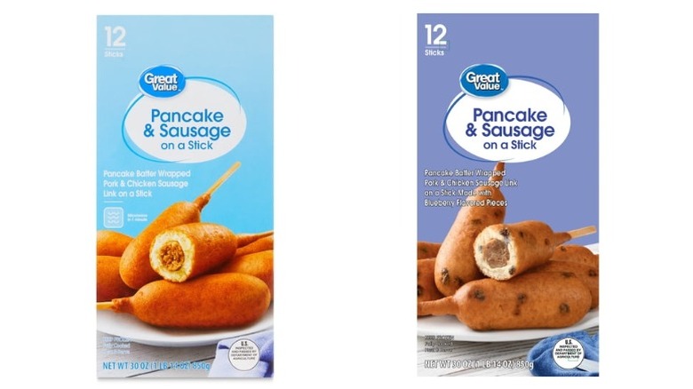Two boxes of Great Value Pancakes and Sausage on a Stick in plain and blueberry on a white background