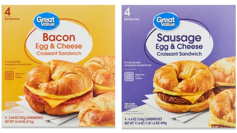 Two boxes of Great Value Croissant Sandwiches in sausage and bacon varieties on white background