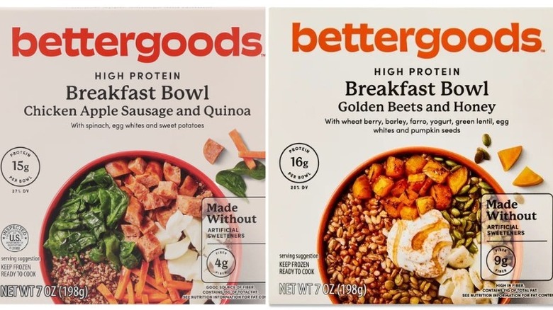 Two Bettergoods High Protein Breakfast Bowls, one with chicken sausage and quinoa and the other with golden beets and honey
