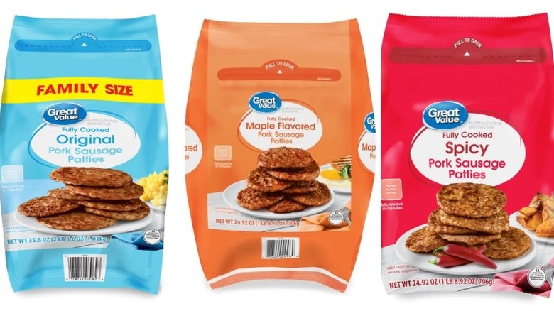 Three bags of Great Value Fully Cooked Frozen Pork Sausage Patties in original, maple-flavored, and spicy on a white background
