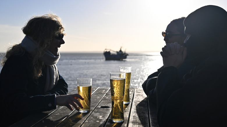 People enjoying beer while looking out on the water