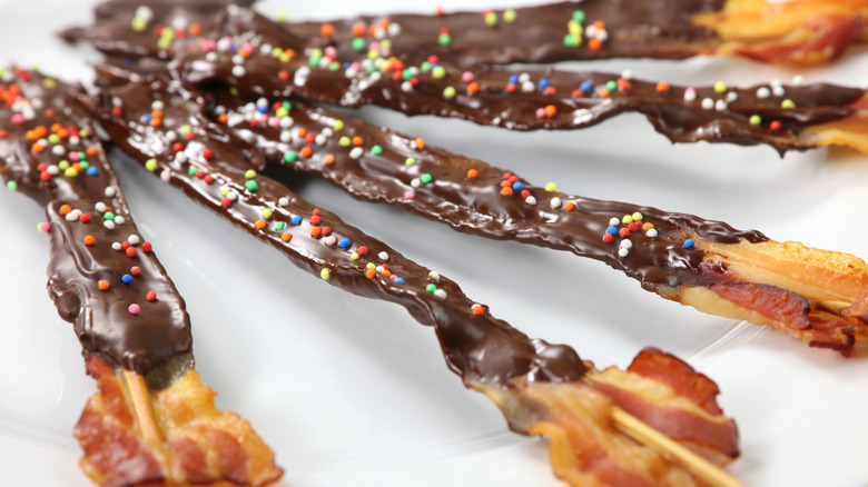 Bacon strips dipped in chocolate and sprinkles