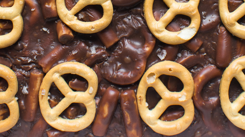 Up-close pretzel and chocolate dessert