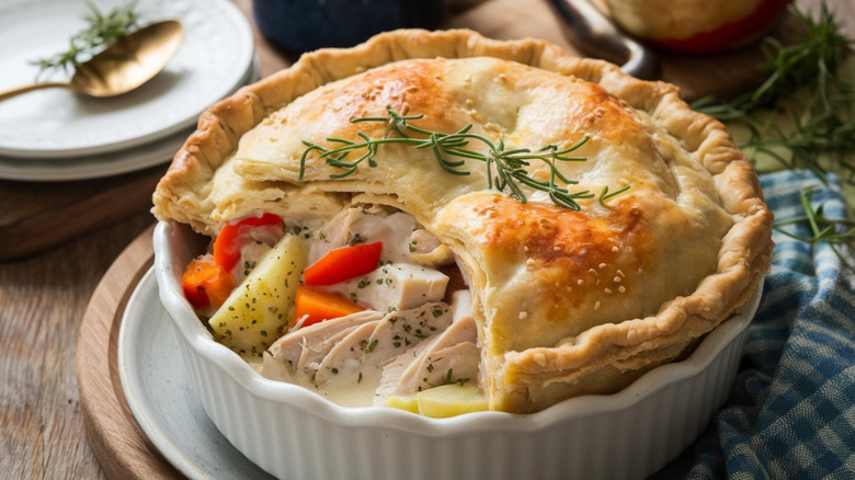 Prepared chicken pot pie on a plate