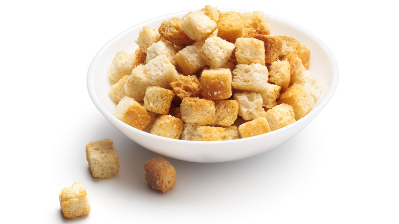 Croutons in a white bowl