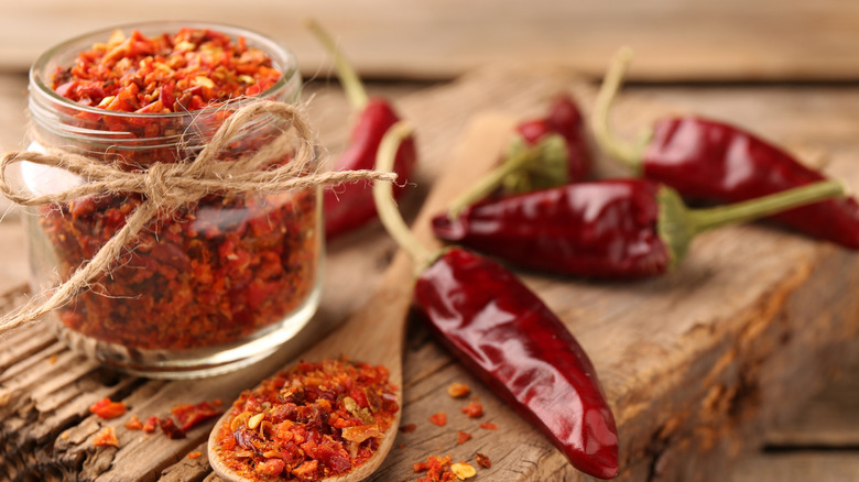 Chili peppers on a wood table