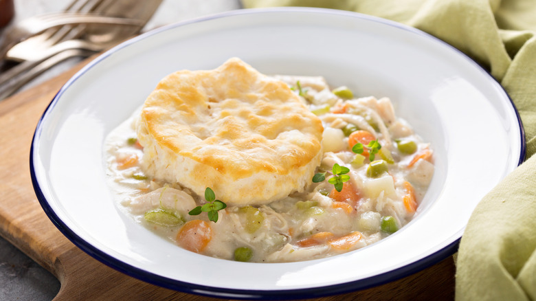 Pot pie filling with a biscuit on top