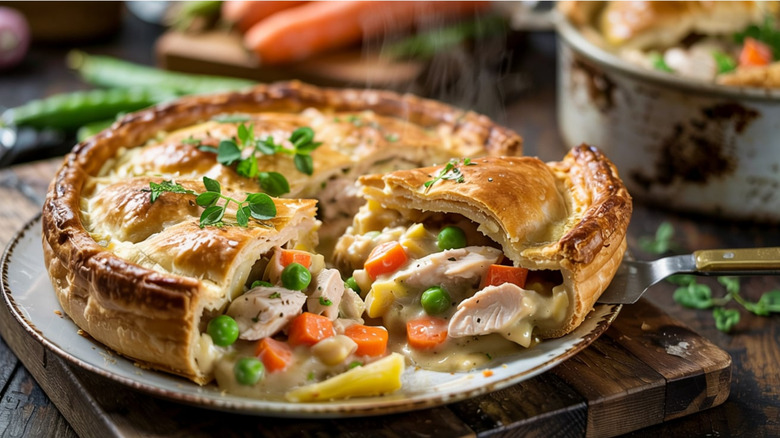 A cooked pot pie topped with fresh herbs