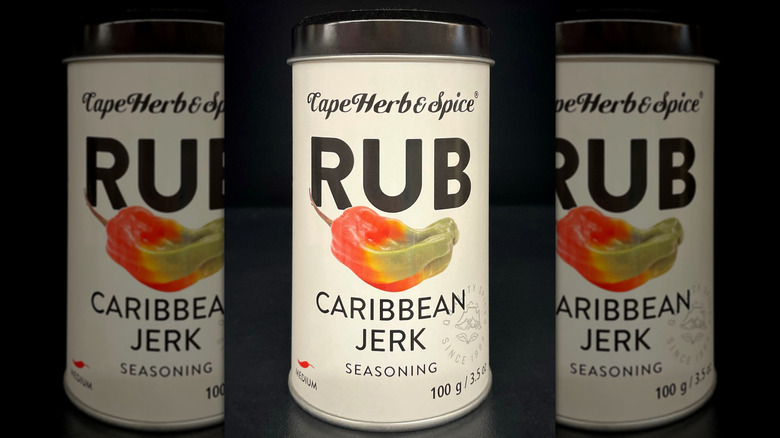 Close-up of jerk seasoning bottle