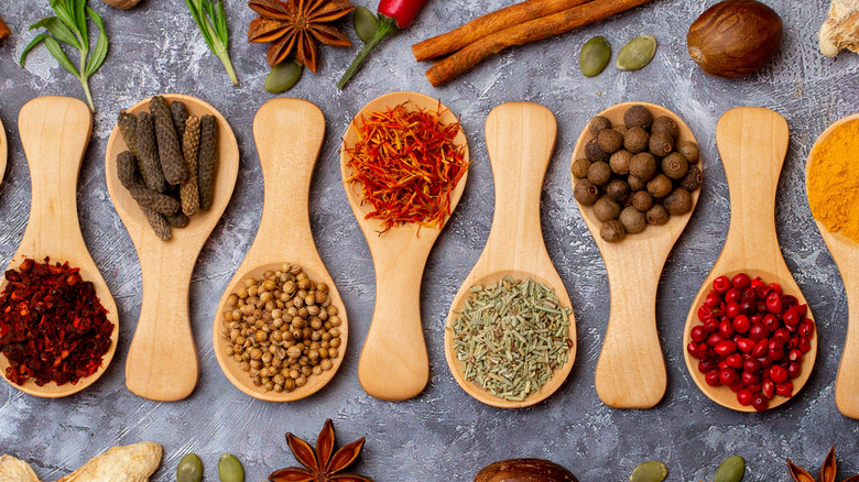 Varied herbs and spices on wooden spoons