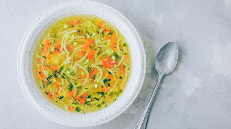 Bowl of noodle and vegetable soup