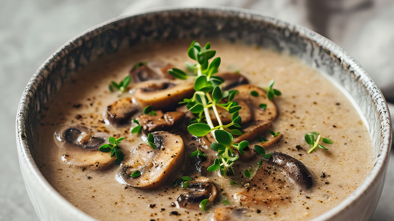 Bowl of mushroom soup garnished with herbs