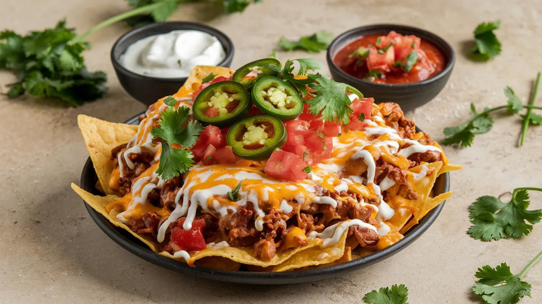 Crispy tortilla chips piled with seasoned beef, melted cheddar, jalapeños, salsa and sour cream