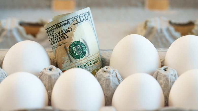 A carton of eggs for baking with a one-hundred dollar bill inside