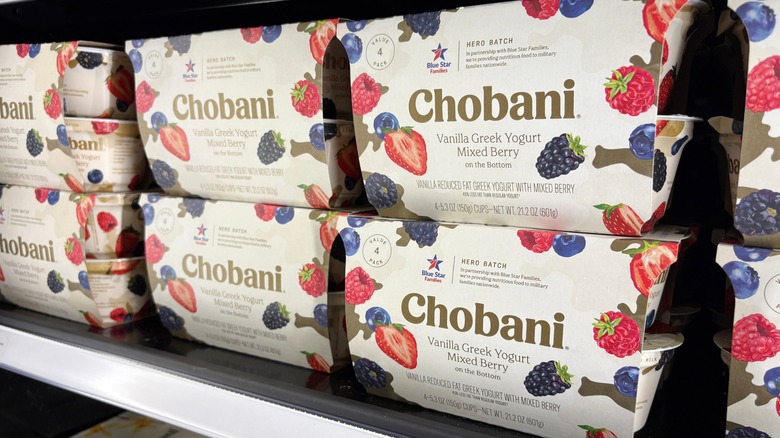 Chobani mixed berry multipack yogurt on a grocery shelf