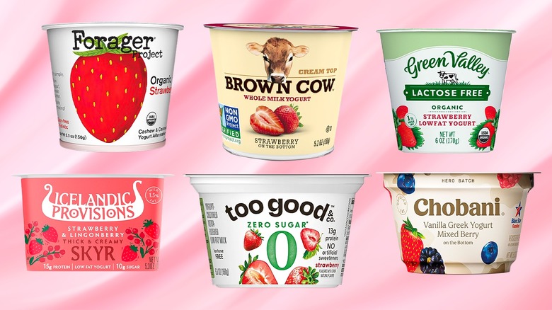Six fruit yogurts on a pink background