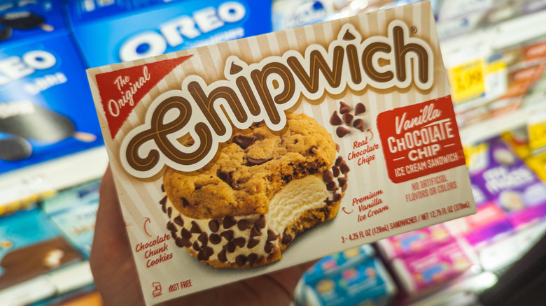 Someone holding a Chipwich package inside a store