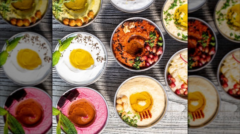 Lebanese mezze bowls with hummus, labneh, and muhammara