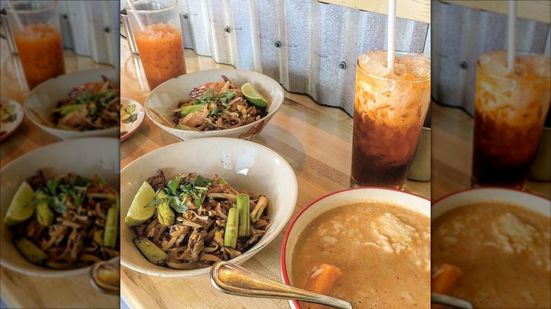 Bowls of Thai soup and noddles