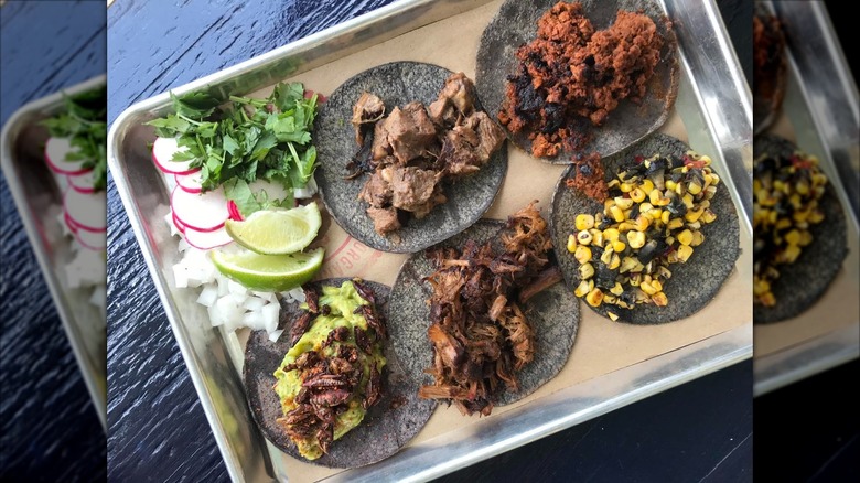 Tray of five different tacos
