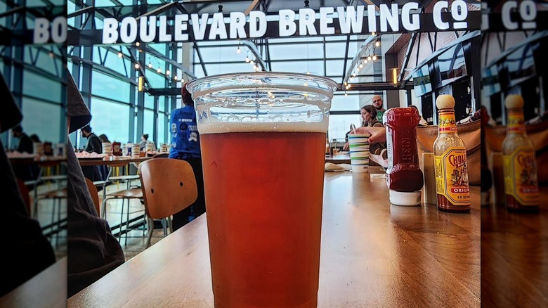 A draft beer placed on table inside Kansas City International Airport's Boulevard Brewing