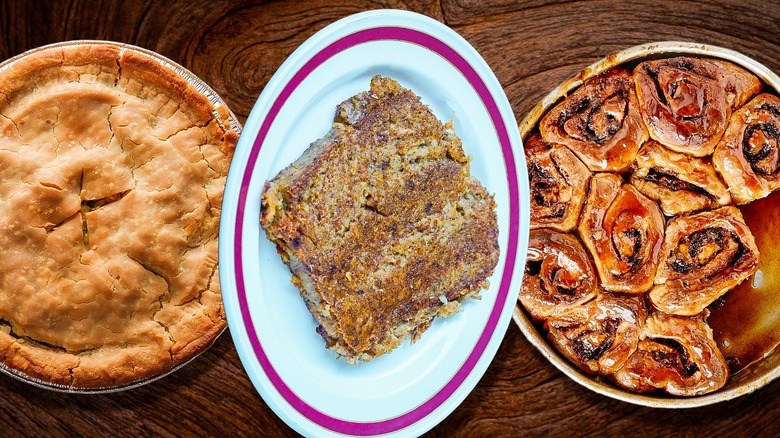 Composite of Amish Foods: Apple Schnitz Pie, Amish Sticky Buns, Scrapple Slice