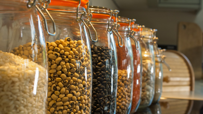 jars of dried rice, beans, and legumes
