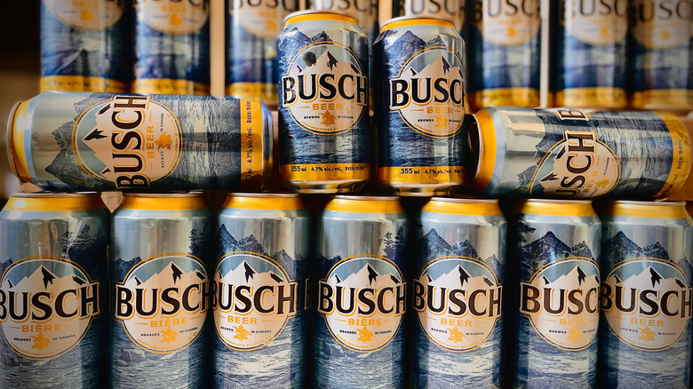 Stacks of Busch beer cans