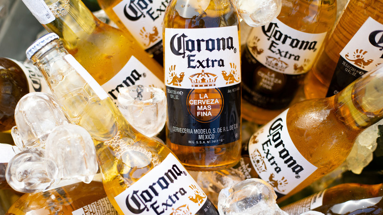 A bucket of icy Corona Extra bottles