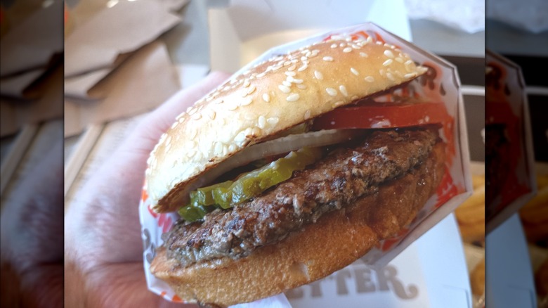 Hand holding a saucy burger with tomato, onion, and pickles wrapped in paper from Burger King.
