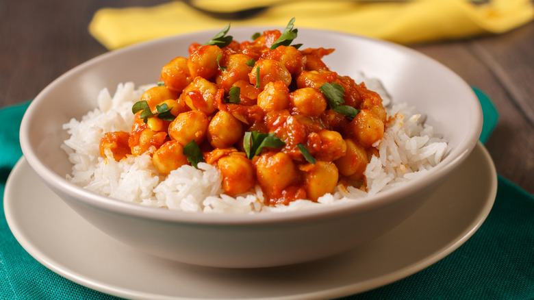 A bowl of homemade chickpea curry over basmati rice