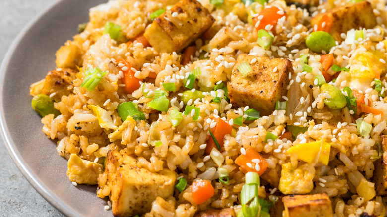 Homemade Asian Tofu Fried Rice with Egg and Carrots