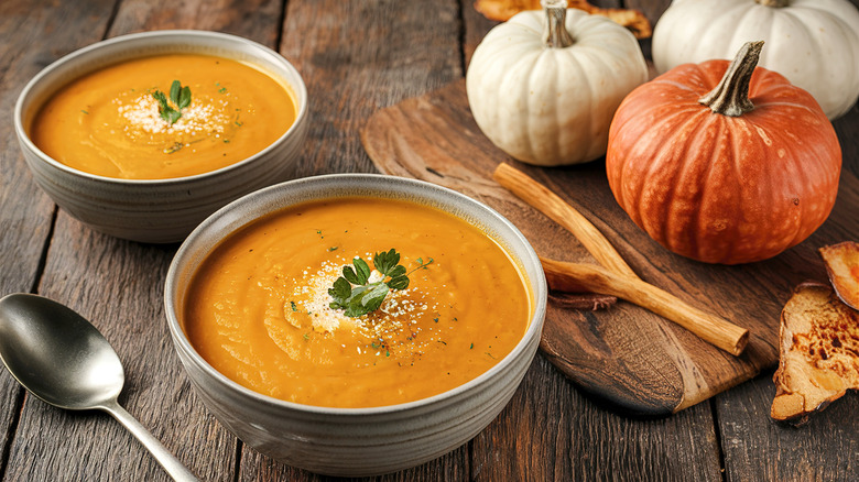 Delicious homemade pumpkin soup in bowl