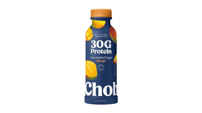 Chobani high protein mango drink in blue bottle on white background