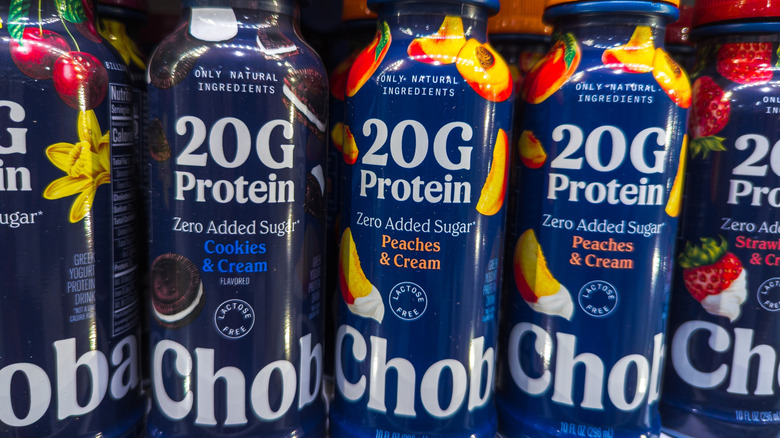 Chobani protein drink bottles on store shelf