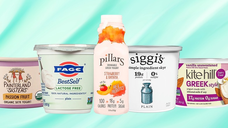 Composite image of five brands of yogurt bottles and cups lined up, including fage, pillars, and siggis