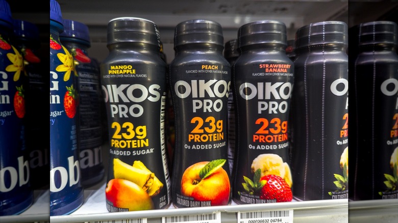 Oikos Pro protein yogurt drinks on store shelf