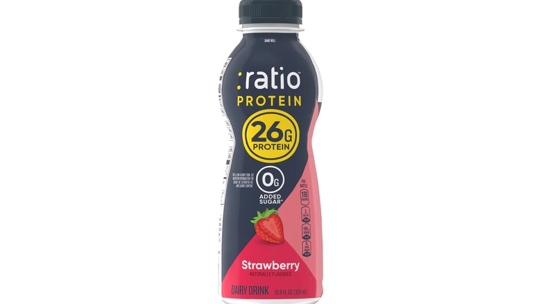 :ratio protein yogurt strawberry drink in blue and red bottle on white background