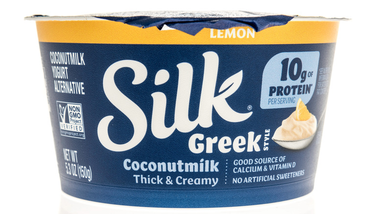 Silk Lemon Coconutmilk Yogurt Alternative container on white background cup