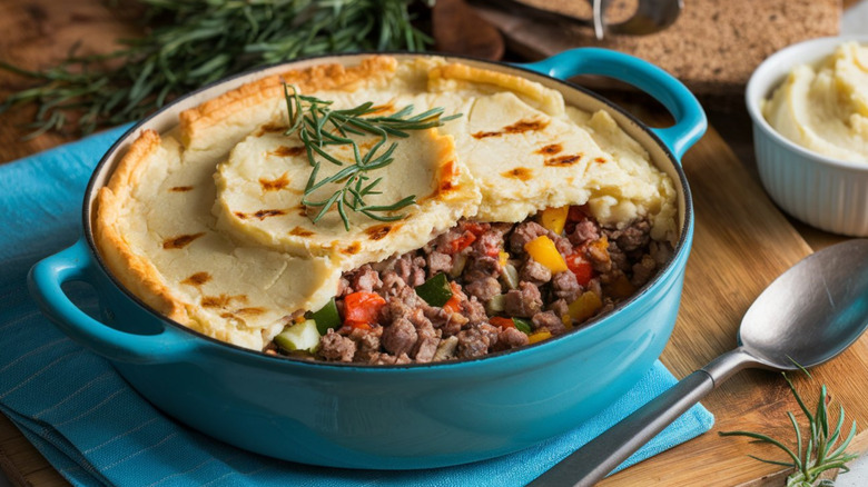 Shepherd's pie in a blue dish topped with fresh rosemary sprigs
