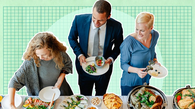 people smiling in buffet line