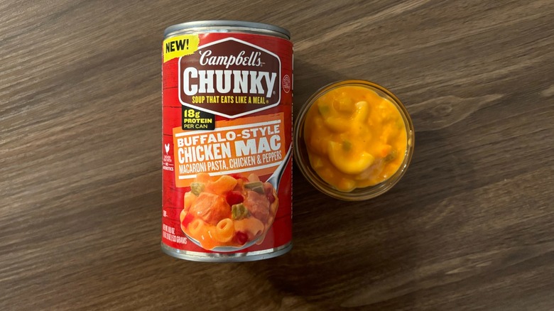 Campbell's Chunky Buffalo-Style Chicken Mac Soup in a can and soup in a ramekin