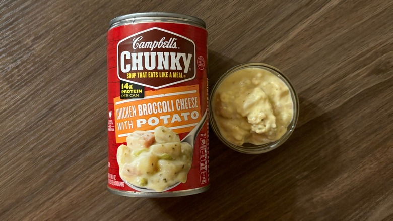 Campbell's Chunky Soup Chicken Broccoli Cheese With Potato Soup in a can and soup in a ramekin