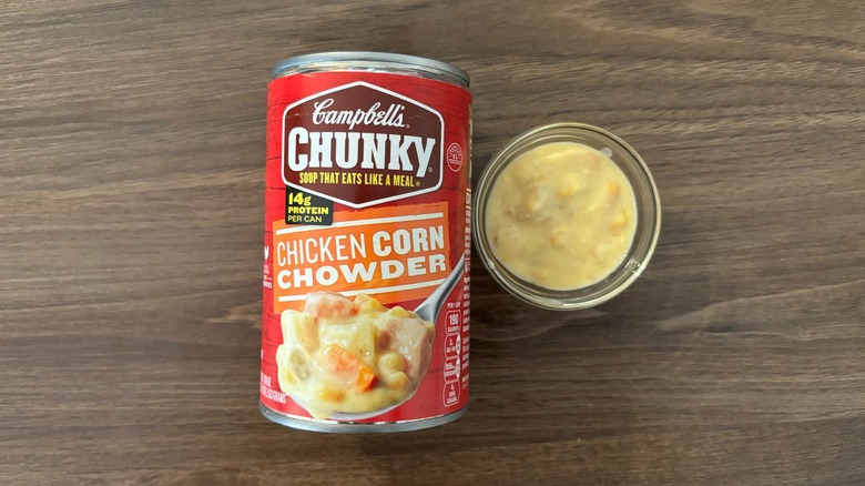 Campbell's Chunky Soup Chicken Corn Chowder Soup in a can and soup in a ramekin
