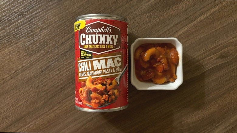Campbell's Chunky Chili Mac Soup in a can and soup in a ramekin