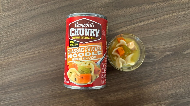 Campbell's Chunky Classic Chicken Noodle Soup in a can and soup in a ramekin