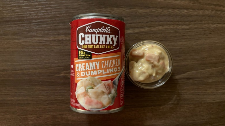 Campbell's Chunky Creamy Chicken and Dumplings Soup in a can and soup in a ramekin